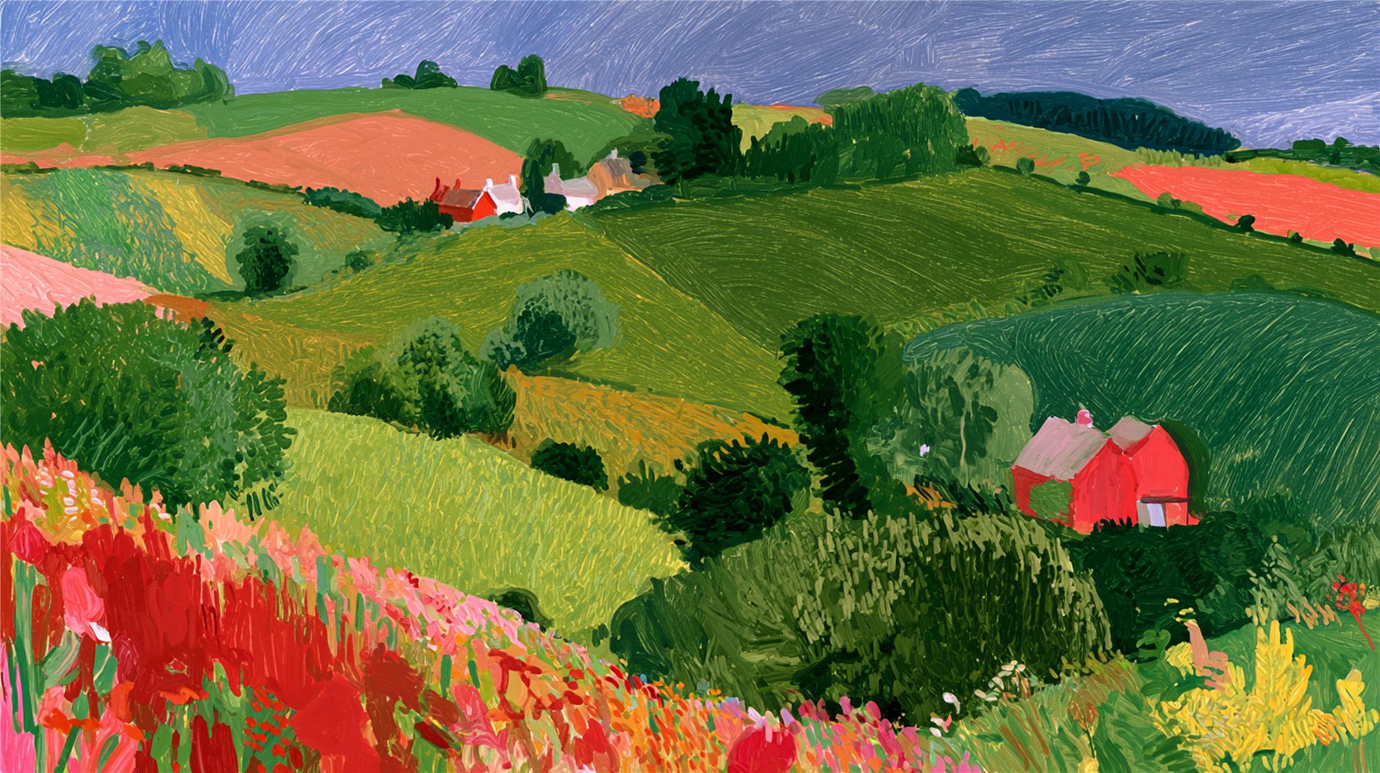 Pintura de colinas verdes e campos floridos com um celeiro vermelho