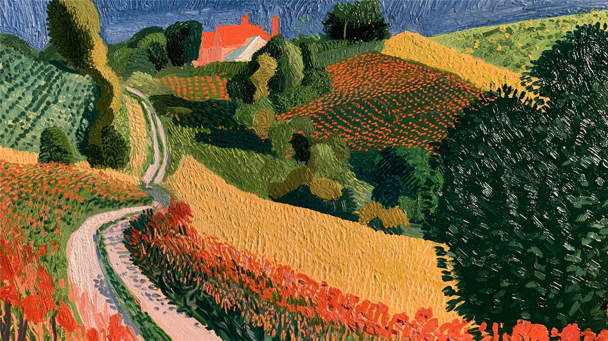 Pintura de uma estrada de terra entre plantações douradas e mata