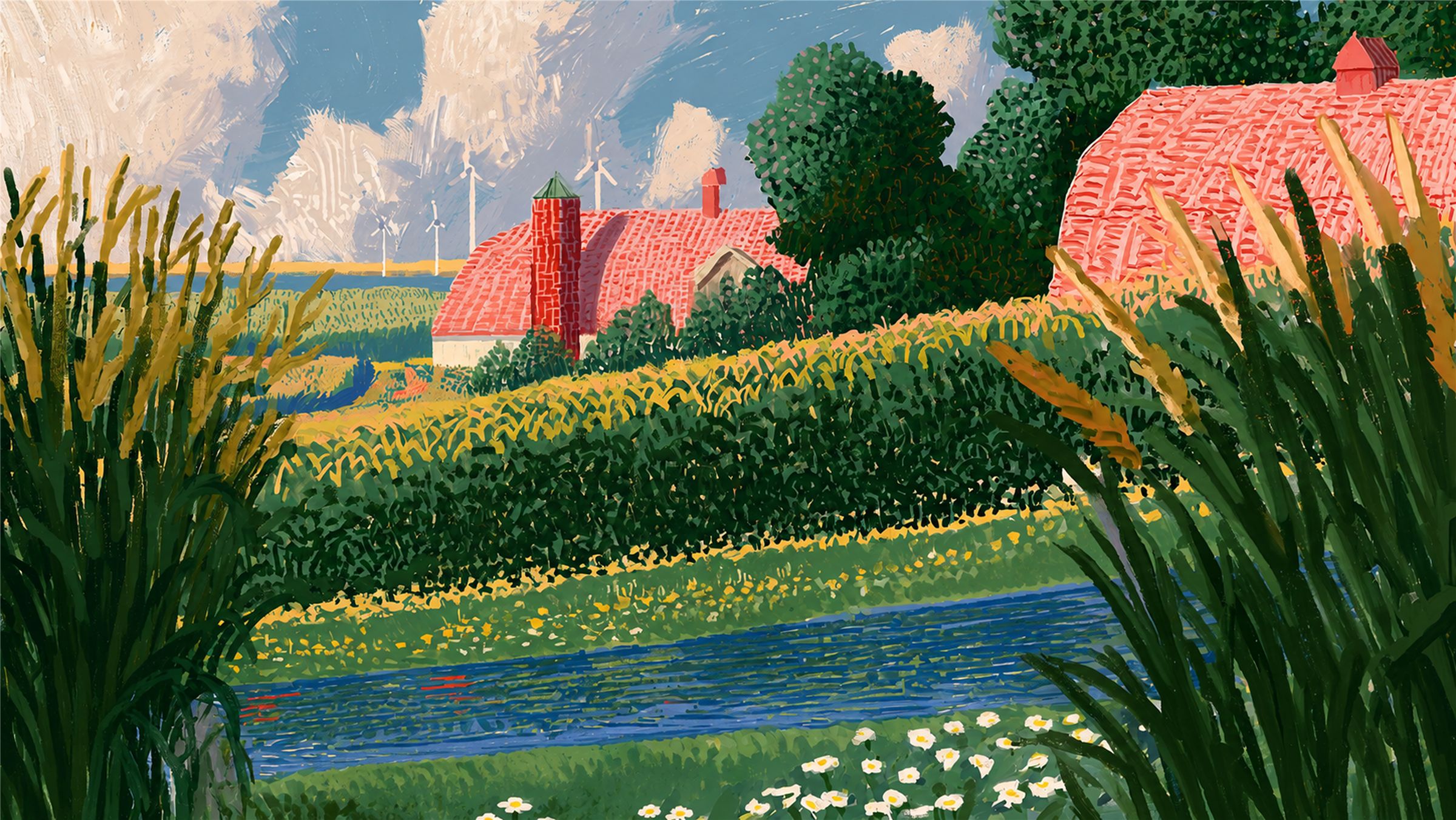 Pintura de uma fazenda em Minas com casas de telhado rosado, plantação e um riacho entre o capim