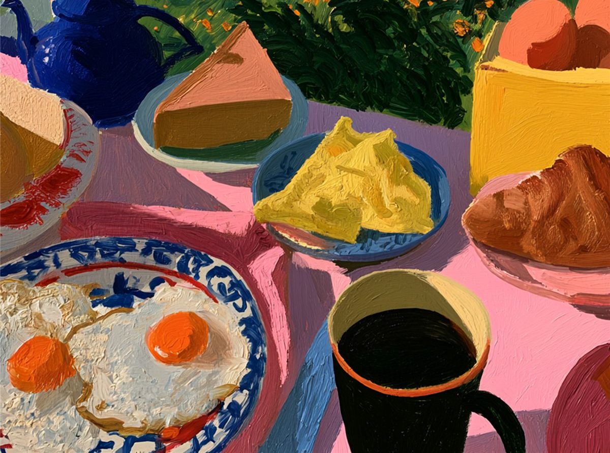 Pintura de mesa com ovos fritos, torta, manteiga e café