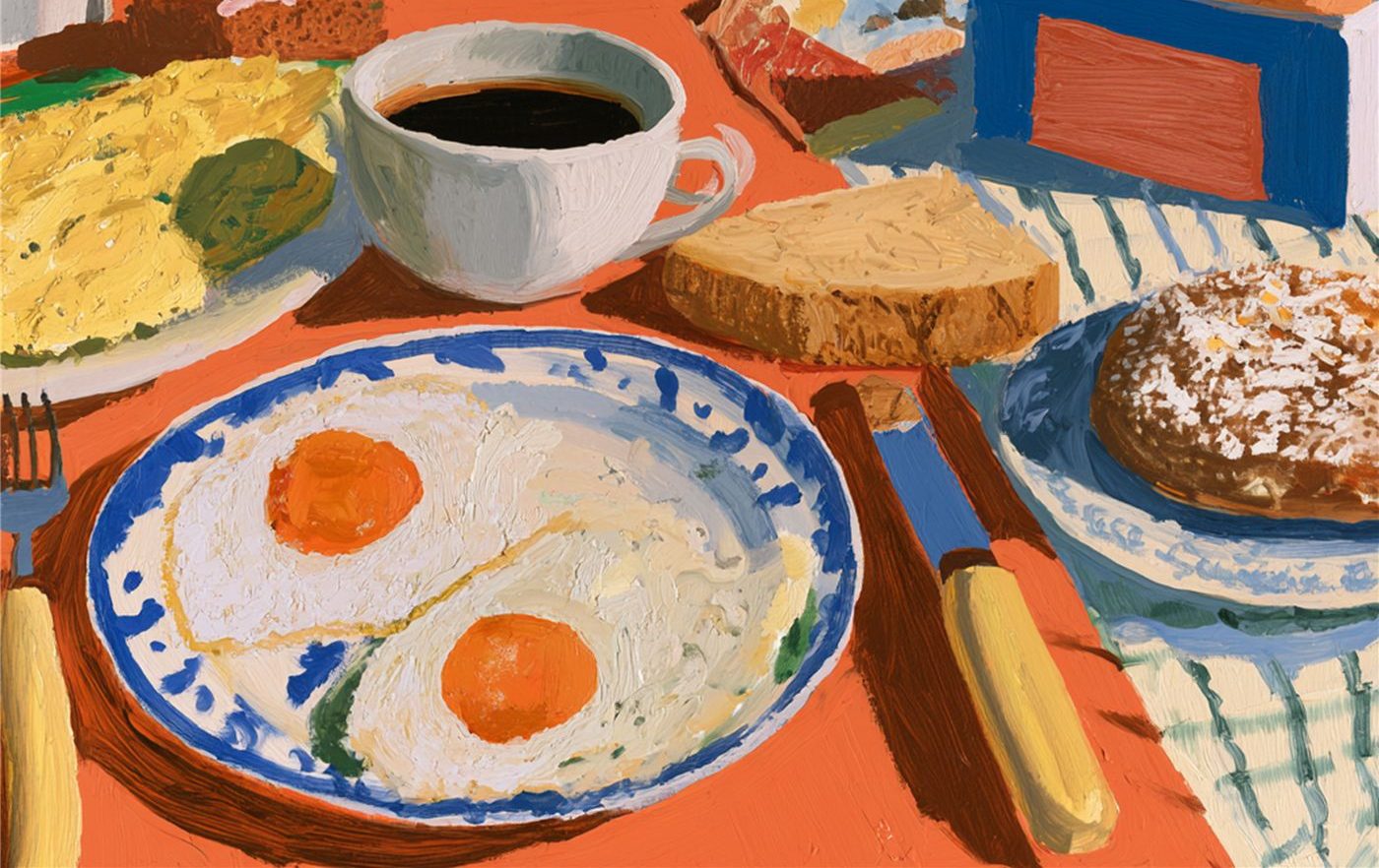 Pintura de café da manhã com dois ovos fritos, café e pão