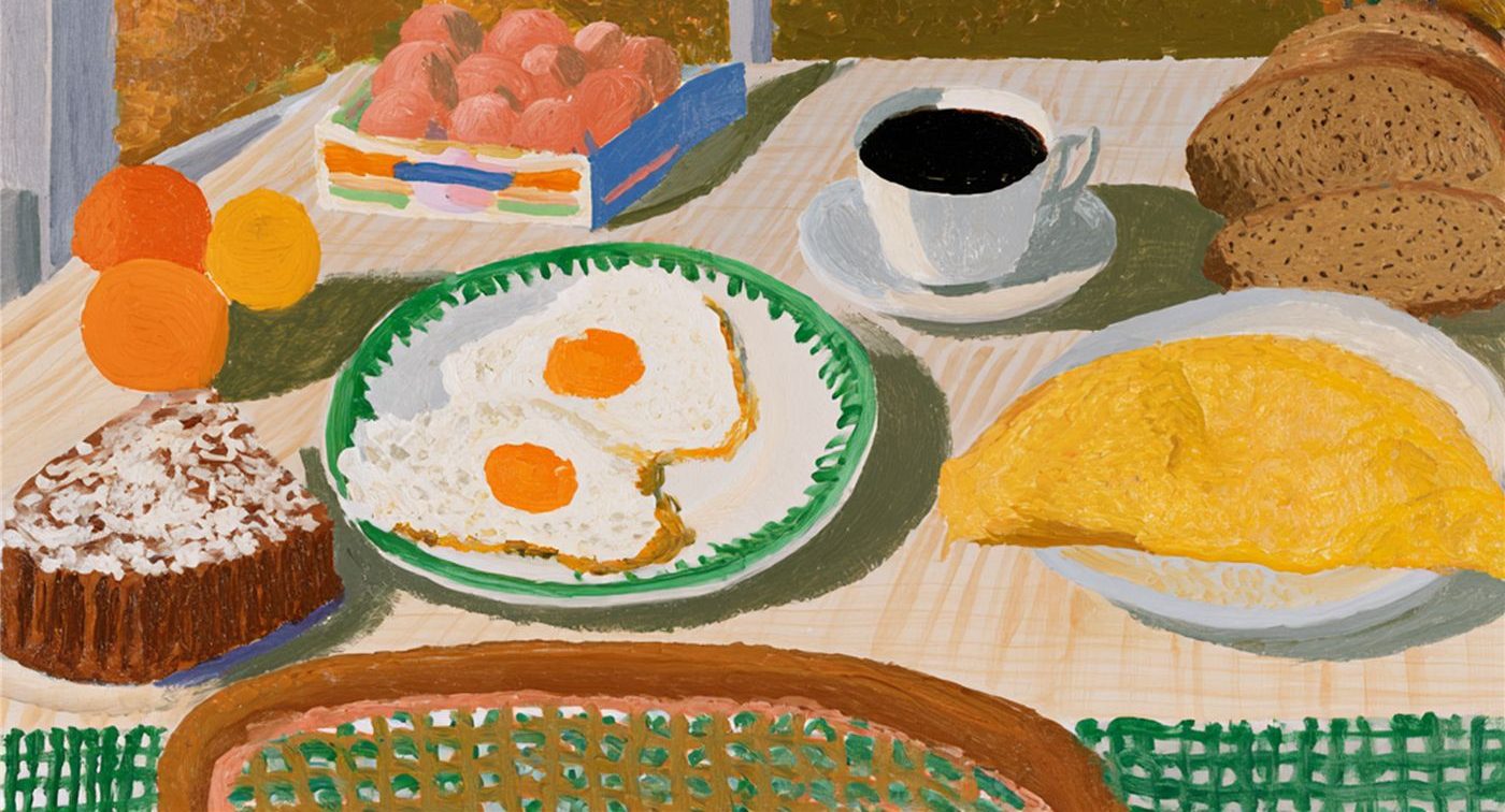 Pintura de mesa com ovos fritos, omelete, laranjas e café