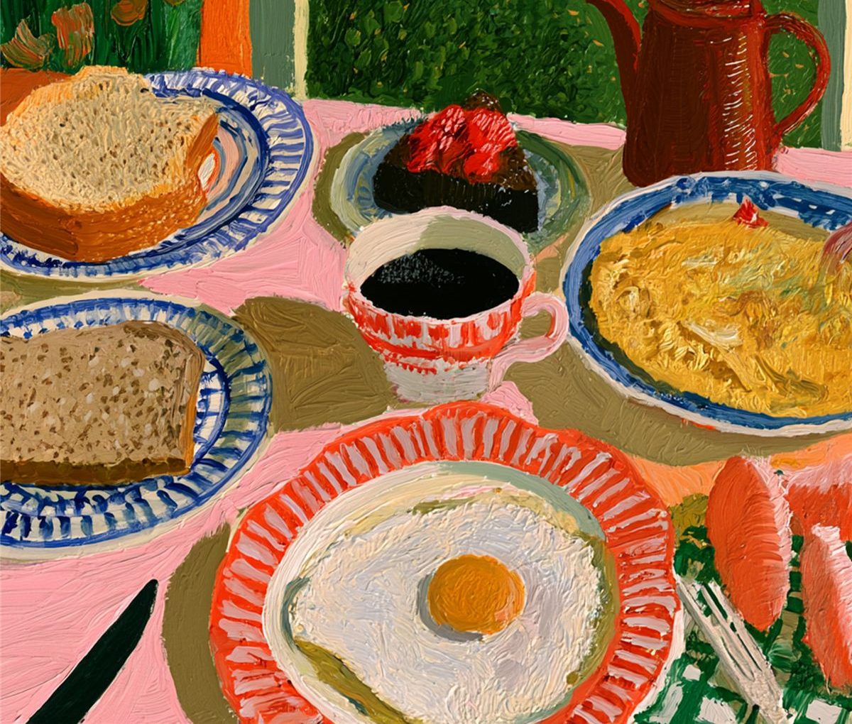 Pintura de mesa com ovo frito, café, pão e omelete sobre toalha rosa