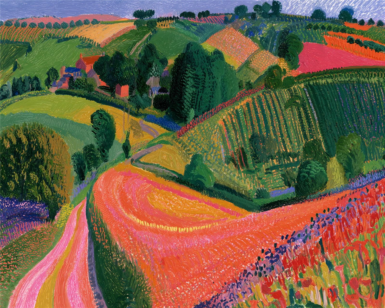 Pintura de um vale com plantações coloridas e uma estrada rosada